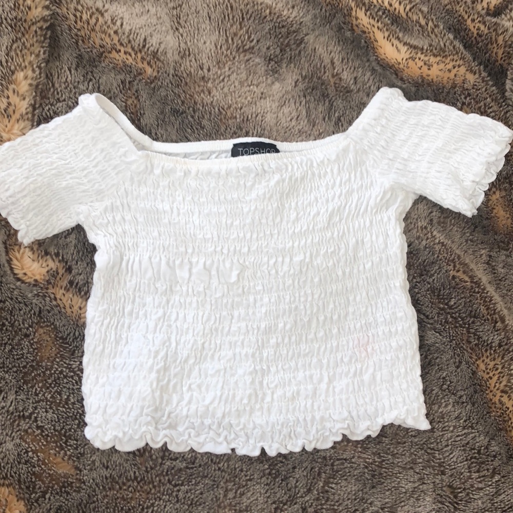 white off the shoulder ruffled crop top